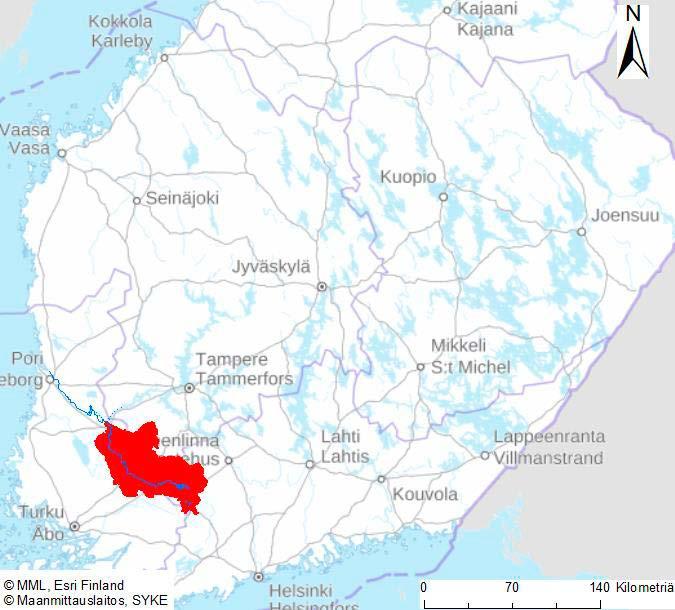 Kuva 1. Loimijoen valuma-alueen sijainti. Loimijokea säännöstellään Rutavan, Sallilankosken, Vuolteen, Vesikosken, Jokioistenkosken, Vieremänkosken ja Kuhalankosken padoilla (kuva 2).