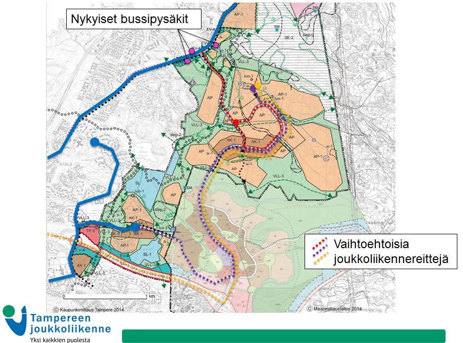 2. Joukkoliikenne ja Ojala Sami Ruotsalainen esitteli kolme mahdollista reittiä Ojalan joukkoliikennelinjoiksi (kuva). Tässä vaiheessa linjaratkaistuja ei ole tehty.