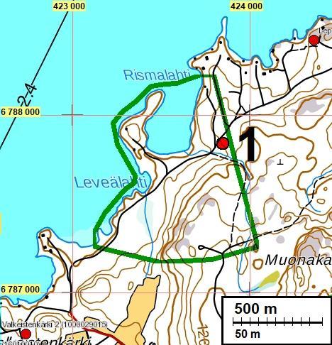 3 Yleiskartat Vihreä viiva rajaa inventointialuetta. Punainen pallo ja numero 1 viittaavat raportin kohteeseen 1 Rismalahti.