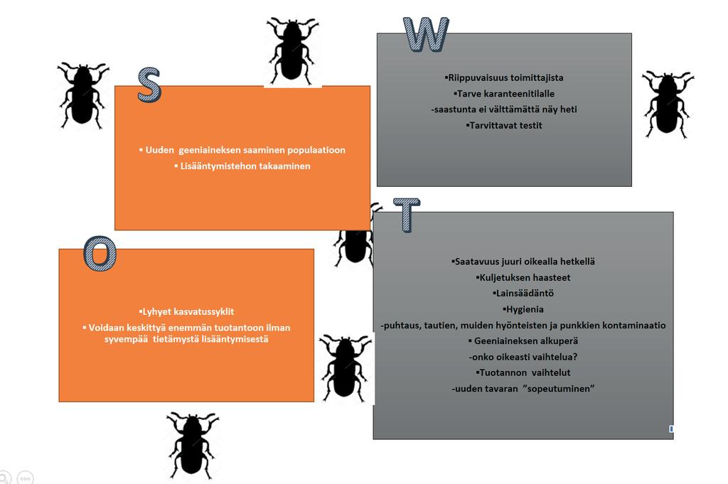 Kuva 1. SWOT-analyysi Uuden lisäysmateriaalin tuonti tuotantoon 8.2. Hygienia tuotannossa 8.2.1. Virukset, muut patogeenit sekä haitalliset eliöt Hyönteisten kasvatus luokitellaan alkutuotannoksi ja alkutuotannon hygieniavaatimuksista on tehty kattava ohjeistus (Maarit Mäki, 2017).