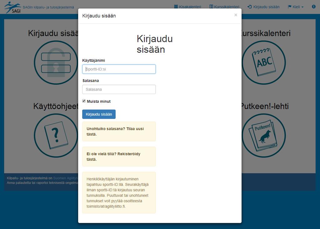 Täytä aukeavaan ikkunaan sportti-id:si sekä rekisteröitymisessä valitsemasi salasana huomaa, että salasanan kirjainkoko on merkitsevä. Klikkaa nappulaa kirjaudu sisään.