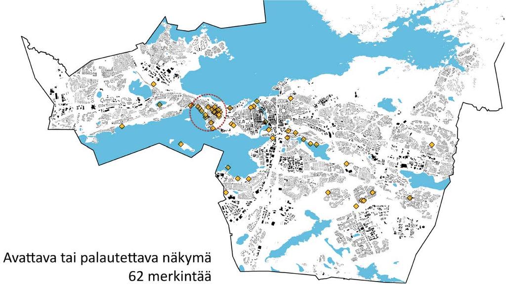 Avattavat/ palautettavat näkymät Avattavia/palautettavia näkymiä toivottiin niin ikään erityisesti Pispalan alueelle: Tahmelan rannan pusikoiden raivaaminen ja järvinäkymien palauttaminen Pispalan