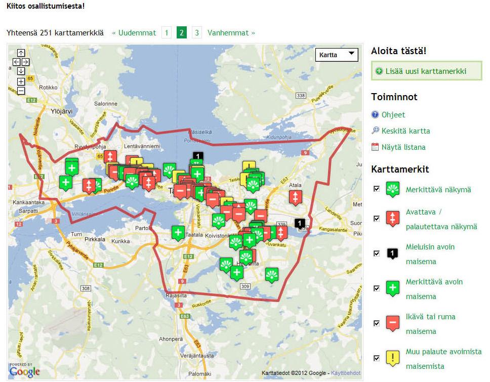 1.6. Vuorovaikutus ja tiedottaminen Asukkaiden näkemyksiä ja mielipiteitä avoimista maisemista ja näkymistä kerättiin syksyllä 2012 verkossa julkaistun karttakyselyn avulla (kyselystä lisää osiossa 3.
