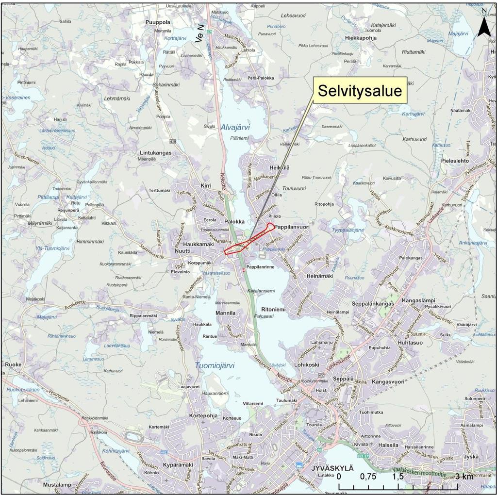 3 4. LÄHTÖTIEDOT 4.1 Selvitysalueen yleiskuvaus ja rajaus Selvitysalue sijaitsee Jyväskylän Palokan kaupunginosassa.