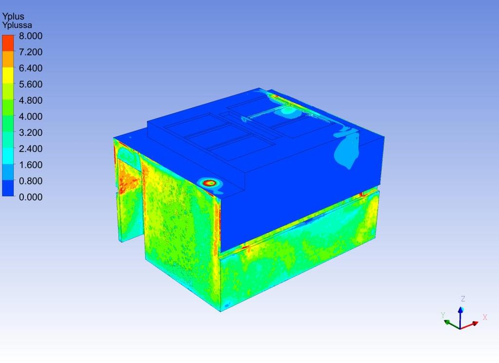 20 Kuva 13 Kolmannen laskentaverkon Y+ arvot. Kuva 14 esittää neljättä laskentaverkkoa. Lopullisten tulosten laskemiseksi käytettiin tätä laskentaverkkoa.