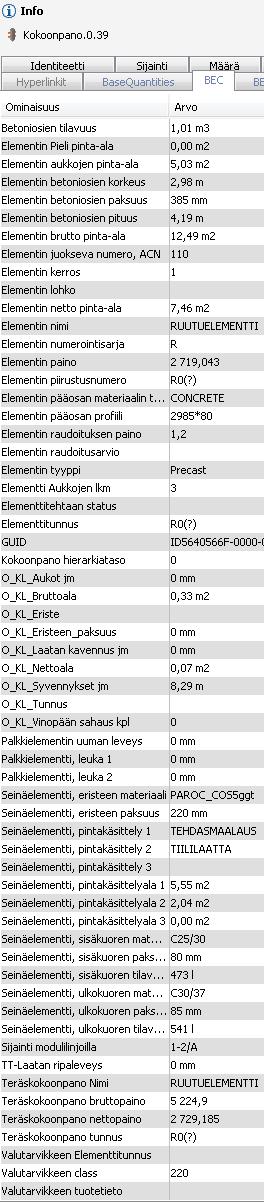 Betoniosien tilavuus, voidaan käyttää sekä paikallavalujen että elementtien määrälaskentaan Betonielementtien määrälaskentaan tarkoitettuja tietoja.