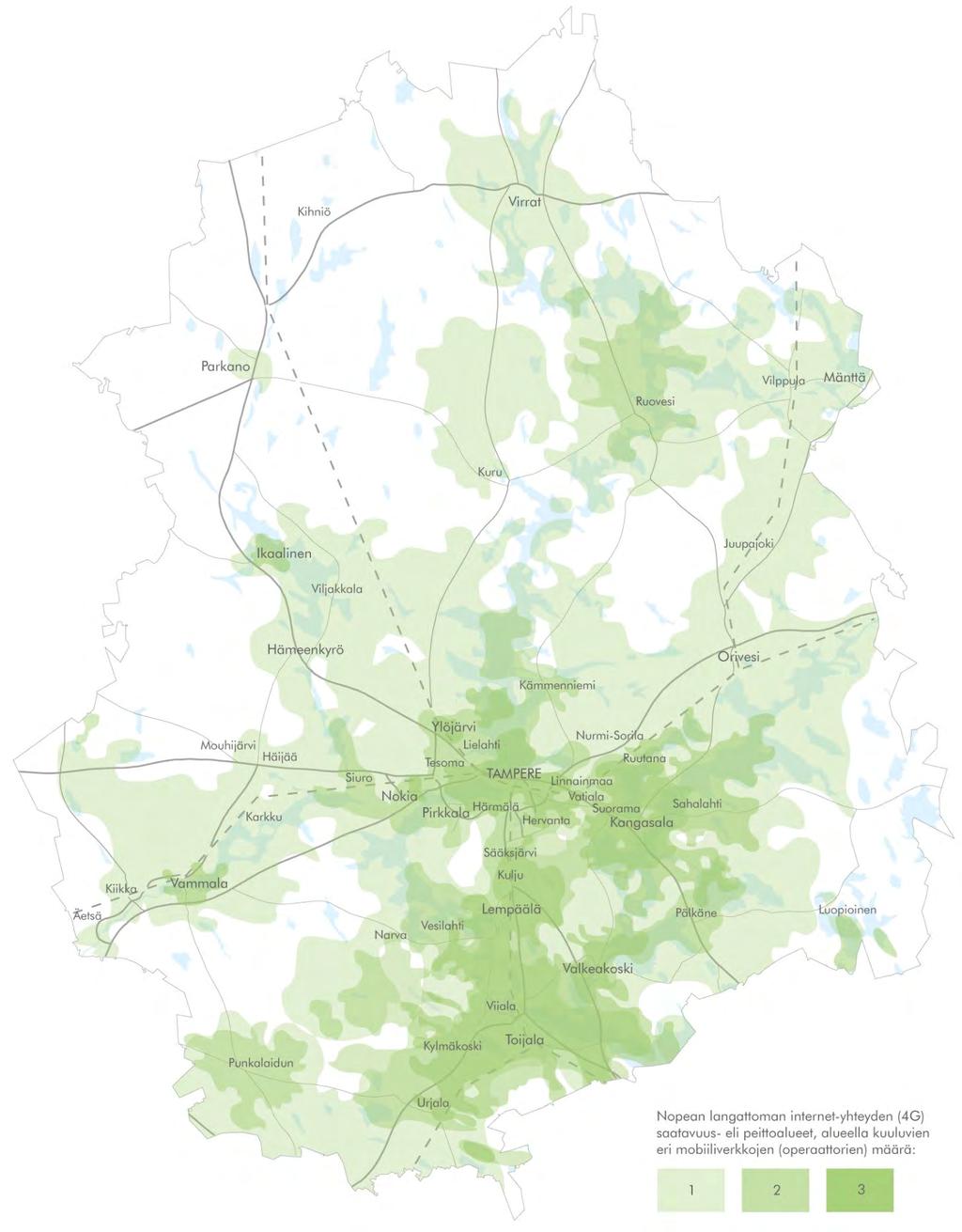 Kuva 21. Nopeiden langattomien internet-yhteyksien (4G / LTE) saatavuus eli kuuluvuus Pirkanmaalla (2014 syksyn tilanne, lähde: muokattu TeliaSoneran, Elisan ja DNA:n kuuluvuuskarttojen perusteella).