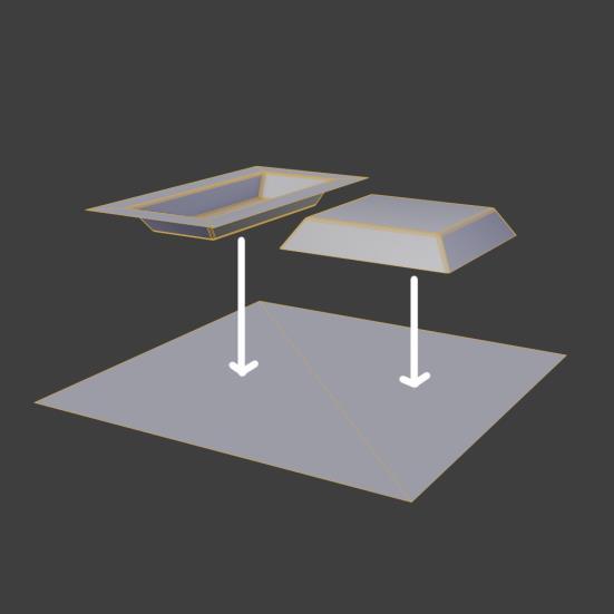 Hipoly-malli B:ssä samat muodot on luotu mallintamalla ne osaksi hipoly-mallin pintaa. Lopoly-mallit A ja B koostuvat molemmat yhdestä polygonista.
