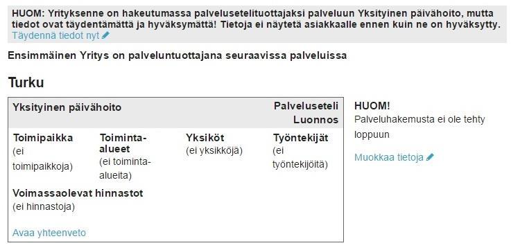 4.2 Keskeneräisten palveluhakemusten tarkastelu Jos palveluntuottaja on luonut hakemuksen joka on jäänyt keskeneräiseksi, jää tämä kyseinen hakemus luonnos-tilaan.