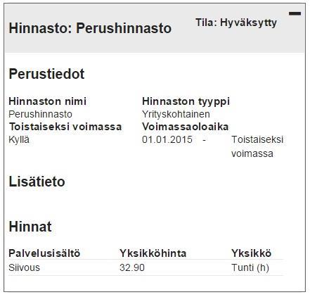 Hinnasto luodaan yrityskohtaisena jos palveluntuottajalla on vain yksi toimipaikka, tai toimipaikkakohtaisesti jos toimipaikkoja on useampia. Hinnastolle laitetaan voimassaoloaika.