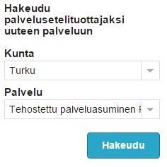 Palveluntuottajaksi hakeutuminen uuteen palveluun tapahtuu Palvelut -sivun kautta. Sivun oikeasta laidasta löytyy kohta Hakeudu palvelusetelituottajaksi uuteen palveluun.