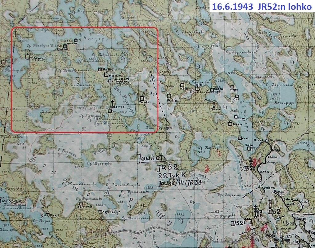 14.D:n KV-linja valmistuu viimmeisenä Puglajärvi Tervajärvi väli 16.5.1943 D:n käsky uudesta puolustusryhmityksestä (14.D tsto III spk 6119 s.