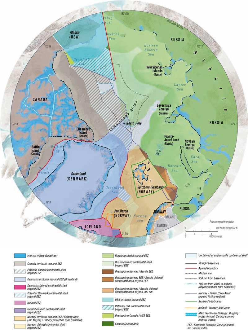 Kartta Pohjoisella jäämerellä vallitsevasta oikeudellisesta tilanteesta: Karttaa tarkastellessa saa sen käsityksen, että suuri osa arktisesta alueesta "kuuluu" rannikkovaltioille.