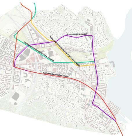 raitiotieliikennettä, lähijunaliikennettä ja runkobussijärjestelmää. Kehittämisvaihtoehtojen tarkastelun yhteydessä Ramboll Finland Oy luonnostellut alustavan kaupunkiraitiotiereitin.