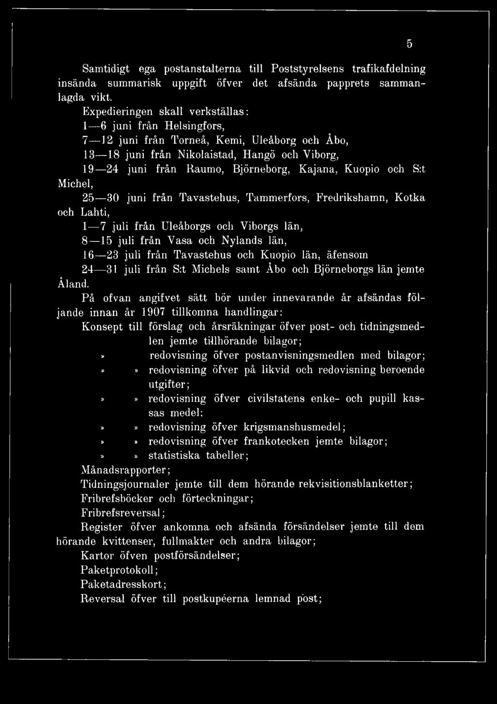 På ofvan angifvet sätt bör under innevarande år afsändas följande innan år 1907 tillkomna handlingar: Konsept till förslag och årsräkningar öfver post- och tidningsmedlen jemte tillhörande bilagor;»