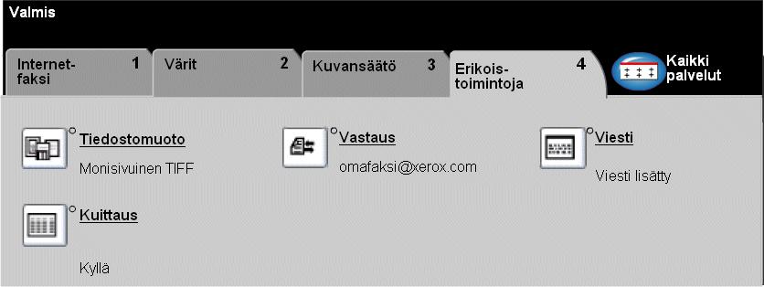 Erikoistoimintoja... Internet-faksi Näillä toiminnoilla muutetaan faksityöhön liittyviä lisäasetuksia. Valitse toiminto koskettamalla valintakortilla näkyviä näppäimiä.