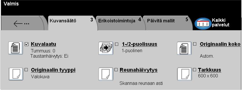 Verkkoskannaus Kuvansäätö... Kuvansäätö-kortti sisältää toimintoja, joita käytetään skannattujen kuvien ulkoasun säätämiseen. Valitse toiminto koskettamalla valintakortilla näkyviä näppäimiä.