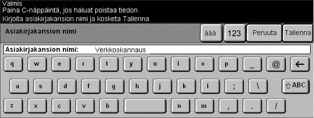 Verkkoskannaus Asiakirjakansion nimi Tiedosto jo olemassa: Asiakirjakansion nimi -toiminnolla määritetään sen kansion nimi, johon skannattu kuva tallennetaan. Tämä toiminto koskee vain kansion nimeä.