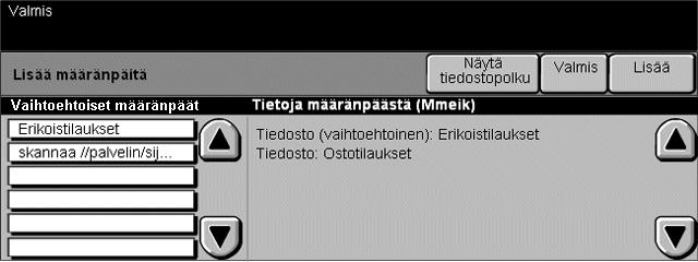 Verkkoskannaus Asiakirjanhallinnan kentät Lisää määränpäitä Asiakirjanhallinnan kentät -toiminnolla voidaan skannausmalliin liittää skannausvaatimuksia koskevia tietoja.