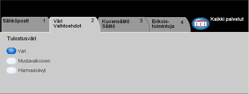 Sähköposti Väri... Tulostusväri Väri-kortilta voidaan valita eri väriasetuksia skannatulle kuvalle. Valitse toiminto koskettamalla valintakortilla näkyviä näppäimiä.