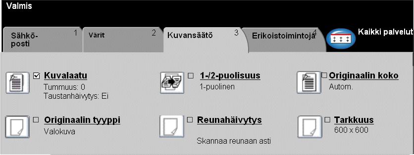 Kuvansäätö... Sähköposti Kuvansäätö-kortti sisältää toimintoja, joita käytetään skannattujen kuvien ulkoasun säätämiseen. Valitse toiminto koskettamalla valintakortilla näkyviä näppäimiä.