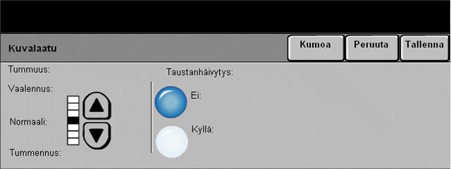 Sähköposti Kuvalaatu Näillä toiminnoilla parannetaan skannattujen kuvien kuvalaatua. Valintavaihtoehdot: Tummuus Taustanhäivytys Tällä toiminnolla säädetään kuvajälkeä tummemmaksi tai vaaleammaksi.