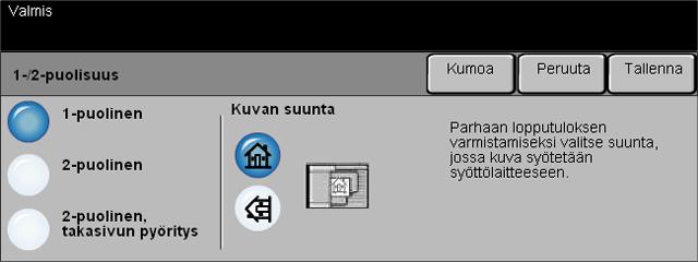 Sähköposti 1-/2-puolisuus Tämän toiminnon avulla ilmoitetaan koneelle, ovatko originaalit yksi- vai kaksipuolisia. 2-puolisten originaalien yhteydessä voidaan myös ilmoittaa kuvan suunta.