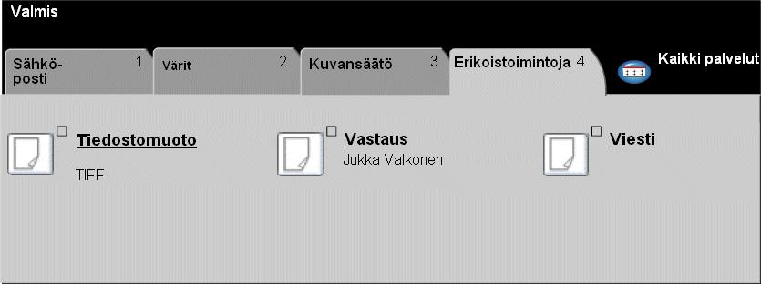 Sähköposti Erikoistoimintoja... Näillä toiminnoilla muutetaan sähköpostin vastausosoitetta sekä valitaan sähköpostitettavan kuvan tiedostomuoto.