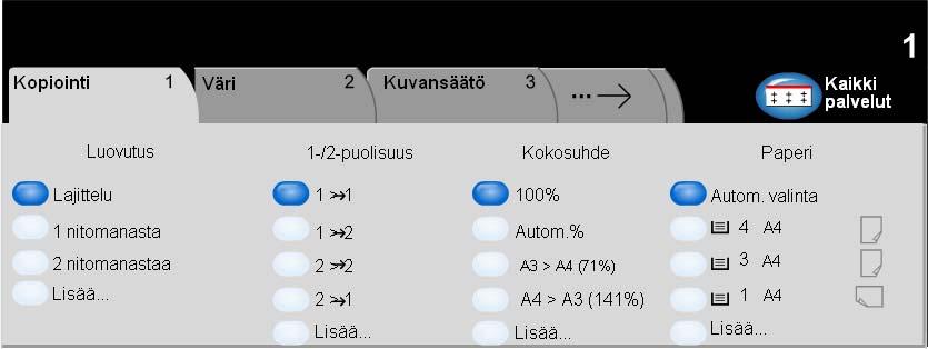 Perustoiminnot... Kopiointi Kopiointi-valintakortti on toimintojen oletusnäyttö. Kopiointi-kortilta voit valita kopioinnin vakiotoiminnot.