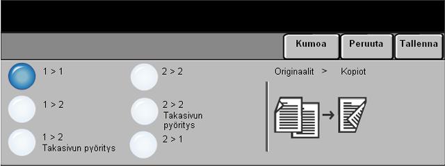 1-/2-puolisuus Kopiointi 1 2, takasivun pyöritys 2 2, takasivun pyöritys Yksi tai kaksipuolisista originaaleista voidaan tehdä automaattisesti A5 - A3- kokoisia yksi- tai kaksipuolisia kopioita