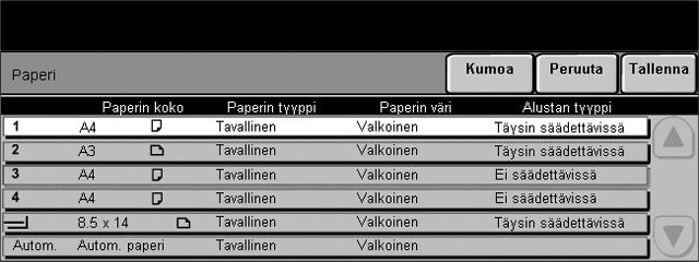 Kopiointi Paperi Paperi-toiminnolla valitaan kopiointityössä käytettävä paperialusta. Kalvoja voidaan syöttää alustalta 1 tai ohisyöttöalustalta.