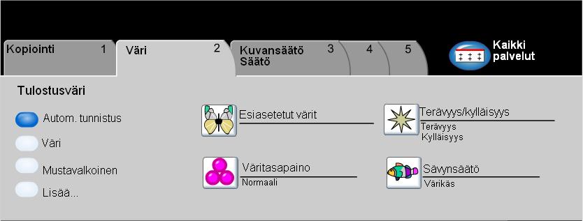 Kopiointi Väri... Väri-kortilta voidaan valita eri väriasetuksia kopiolle. Valitse toiminto koskettamalla valintakortilla näkyviä näppäimiä.