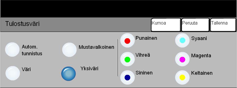 Tulostusväri Kun kosketat Lisää... Väri-kortilla, esille tulee Tulostusväri-näyttö. Tulostuvärivaihtoehdoista voit valita haluamasi väriasetukset kopioille. Kopiointi Autom.