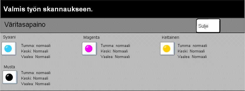 Väritasapaino Kopiointi Terävyys/kylläisyys Tällä toiminnolla voidaan säätää väritasapainoa ja värin kokonaismäärää