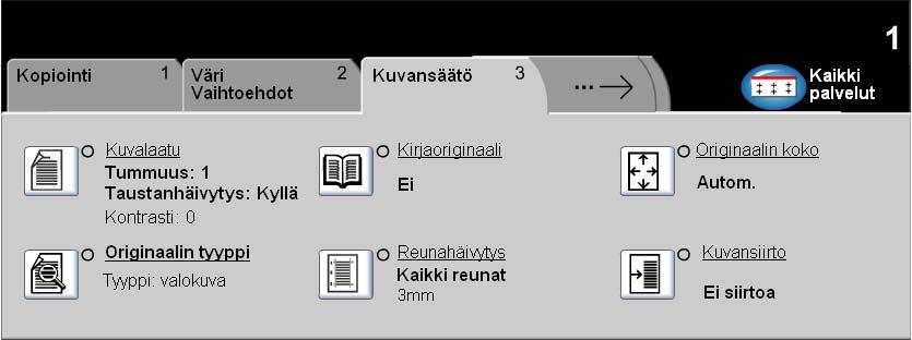 Kuvansäätö... Kopiointi Kuvansäätö-kortin toiminnoilla on mahdollista säätää kopion ulkoasua. Valitse toiminto koskettamalla valintakortilla näkyviä näppäimiä.