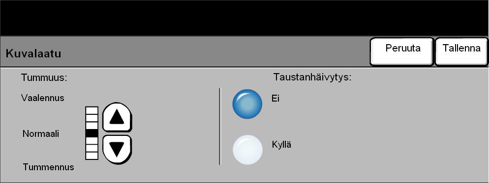 Faksi Kuvalaatu Tällä toiminnoilla parannetaan lähtevän faksin kuvalaatua. Tummuus Taustanhäivytys Tällä toiminnolla säädetään kuvajälkeä tummemmaksi tai vaaleammaksi.