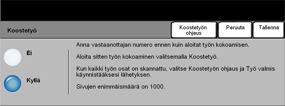 Faksi Koostetyö Tällä toiminnolla voidaan faksata työ, jonka eri sivuilla tai osissa tarvitaan erilaisia asetuksia.