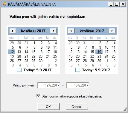 Tuntirivit kirjataan aina päiväkohtaisesti. Mikäli sama rivi halutaan useammalle päivälle (esim.