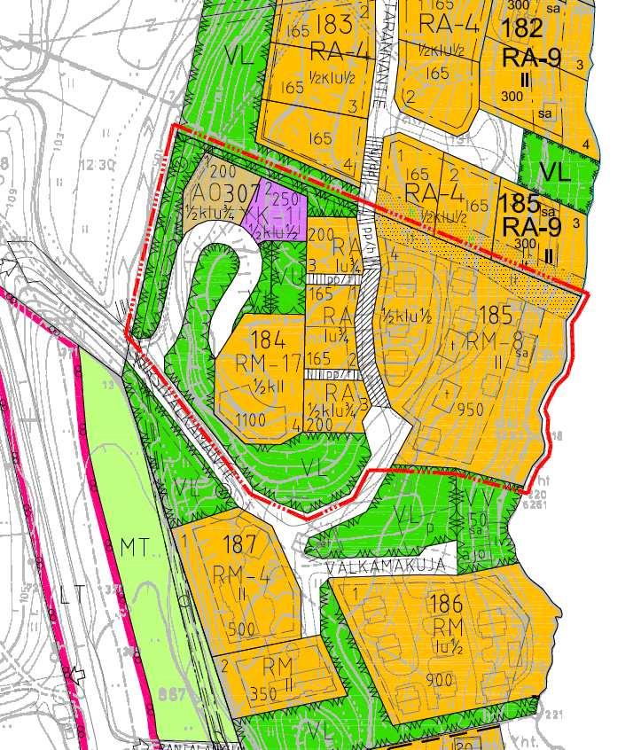 FCG Finnish Consulting Group Oy Kaavaselostus, ehdotus 6 (12) Asemakaava Alueelle on osoitettu AO, YK-1, RA, RM-8, RM-17, VU ja VL- alueet 29.4.2008 vahvistetussa asemakaavassa.