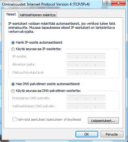 WINS-välilehti: Vain Poista käytöstä NetBios- TCP/IP:n päällä -valinta tulee olla valittuna.