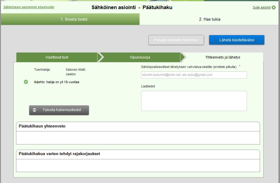 Hakemuksen jättäminen Sivu ei avaudu jos esimerkiksi lohkotiedoissa on virheitä.