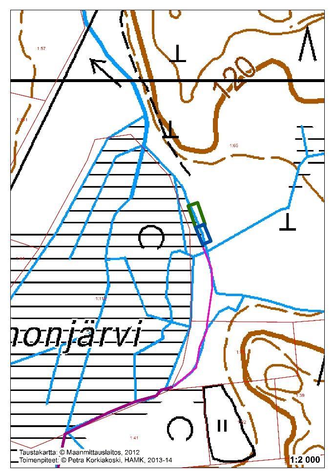 3. Alhonjärven reunaojan laskeutusallas Alhon Pastilan laskeutusaltaan jälkeen uomaa perattiin noin 700 Alhonjärven suoalueen