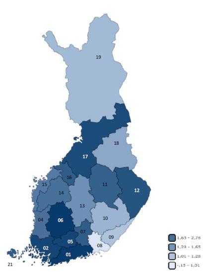 Työmarkkinoiden polarisoituminen alueittain 4 aluetta - Uusimaa, Kanta- Häme, Pirkanmaa ja Varsinais-Suomi polarisoituneita tilastollisesti merkitsevästi Näistä