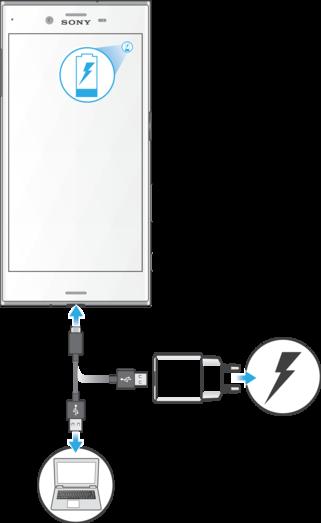 Akku ja huolto Laitteen lataaminen Käytä aina alkuperäistä Sony-laturia ja USB Type-C -kaapelia, joka on tarkoitettu käytettäväksi nimenomaan Xperia -mallisi kanssa.