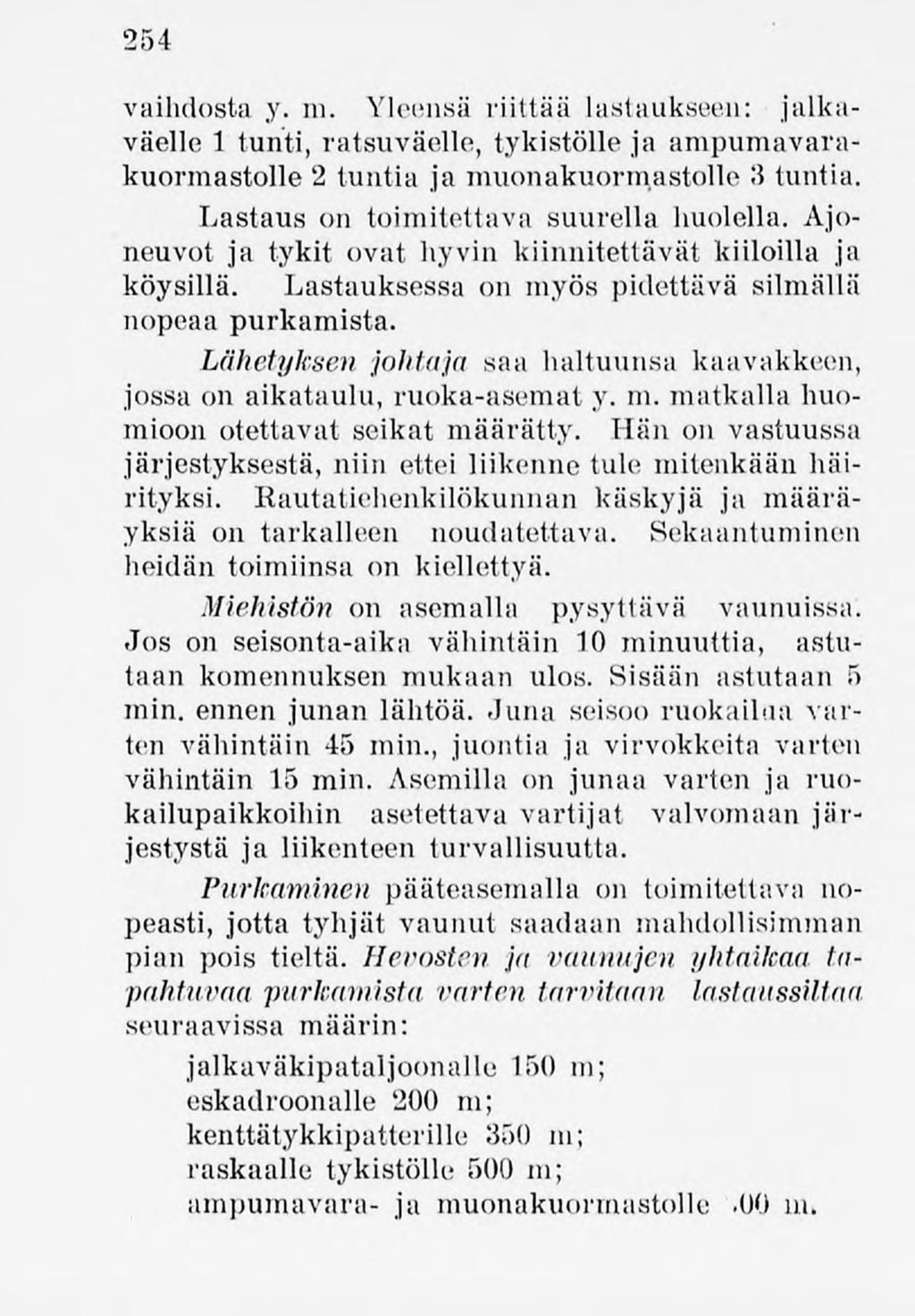 254 vaihdosta y. m. Yleensä riittää lastaukseen: jalkaväelle 1 tunti, ratsuväelle,tykistölle ja ampumavarakuormastolle 2 tuutia ja mnonakuormastolle 3 tuntia. Lastaus on toimitettavasuurella huolella.