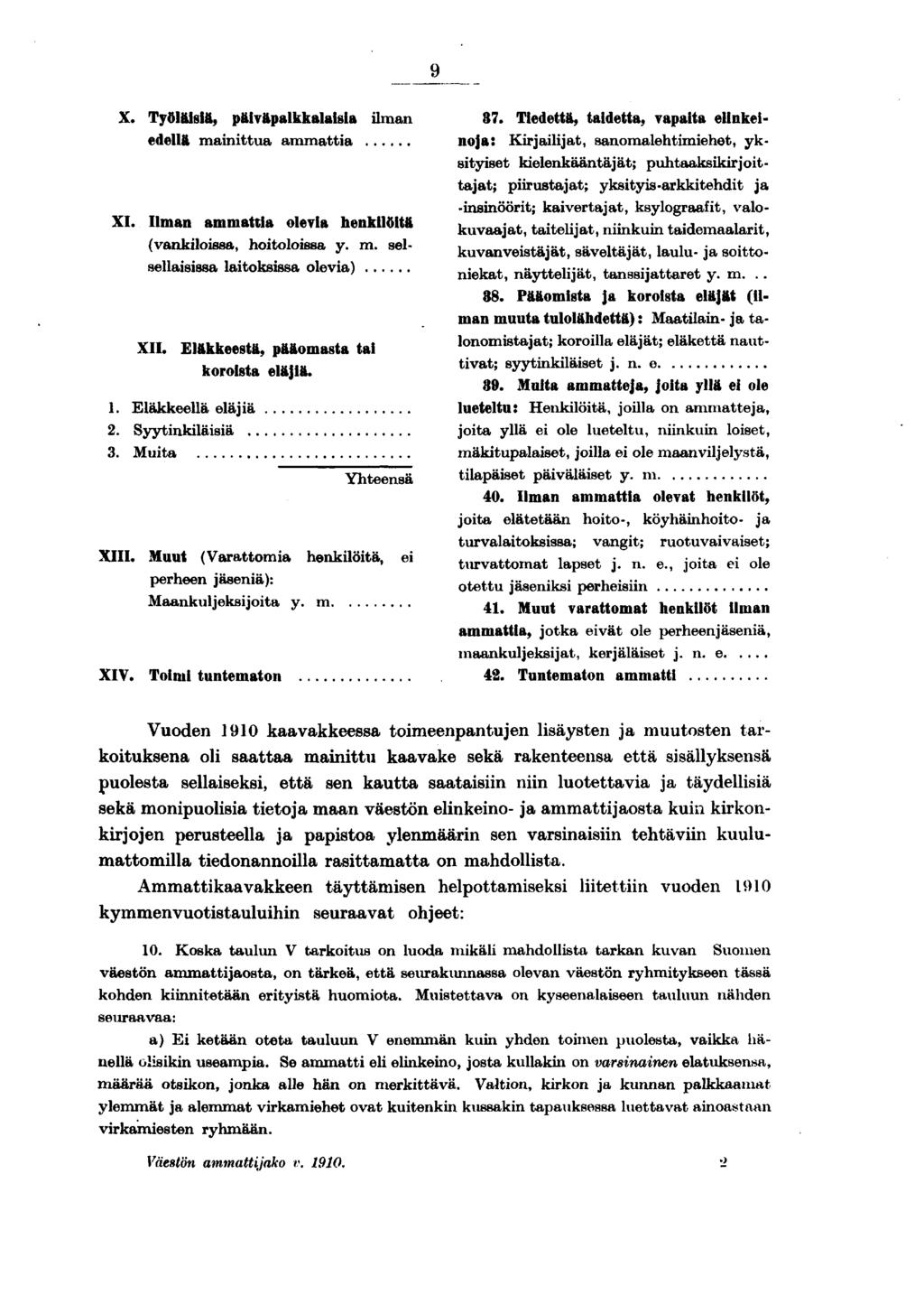 X. Työläsä, päväpalkkalasa lman edellä manttua ammatta XI. Ilman ammatta oleva henklötä (vanklossa, hotolossa y. m. selsellasssa latoksssa oleva) XII. Eläkkeestä, pääomasta ta korosta eläjä.