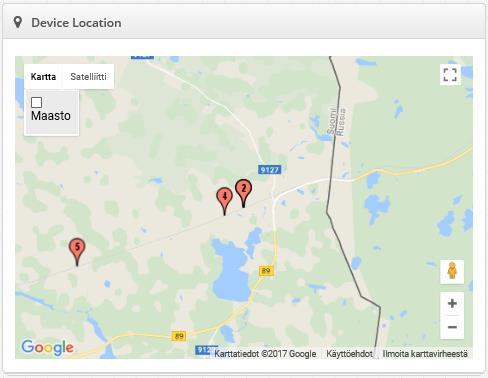 Sivulla aukeavat seuraavat kokonaisuudet: perustieto (basic info), laitteiston tila (device status), laitteiston sijainti (device location), sijaintihistoria (location history) ja raporttilataukset