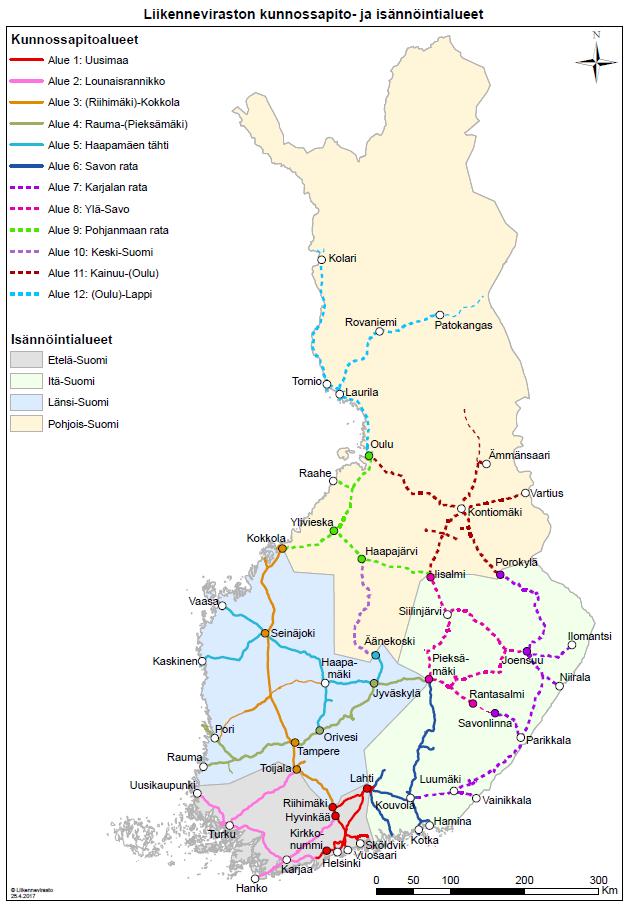 37 5.1 Kunnossapitäjät ja kunnossapitoalueet Valtion rataverkko on jaettu 12 kunnossapitoalueeseen, joista muodostuu neljä isännöintialuetta.