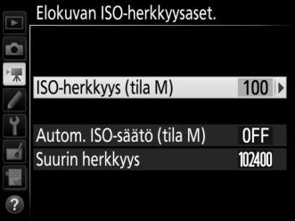 Elokuvan ISO-herkkyysaset. G-painike 1 elokuvausvalikko Säädä seuraavia ISO-herkkyysasetuksia. ISO-herkkyys (tila M): Valitse valotustilan M ISOherkkyys väliltä ISO 100 ja Hi 5.