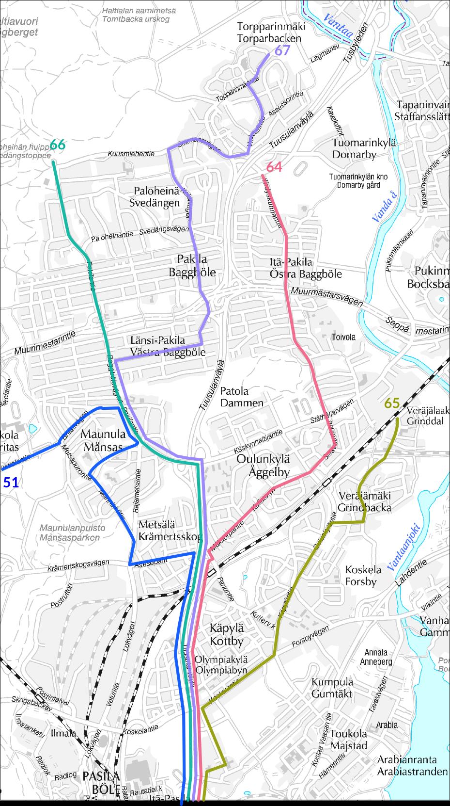 Kuva 19. Suunnitelmassa käsitellyt Veräjälaakson ja Pakilan linjat.